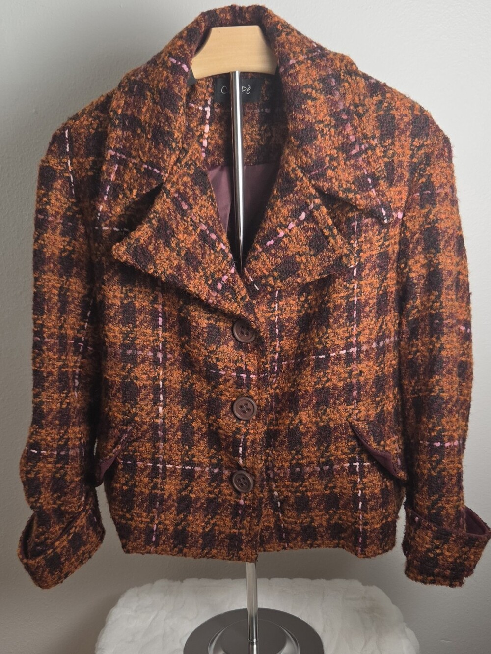 Italy Made Plaid Pea Coat in Orange and Brown